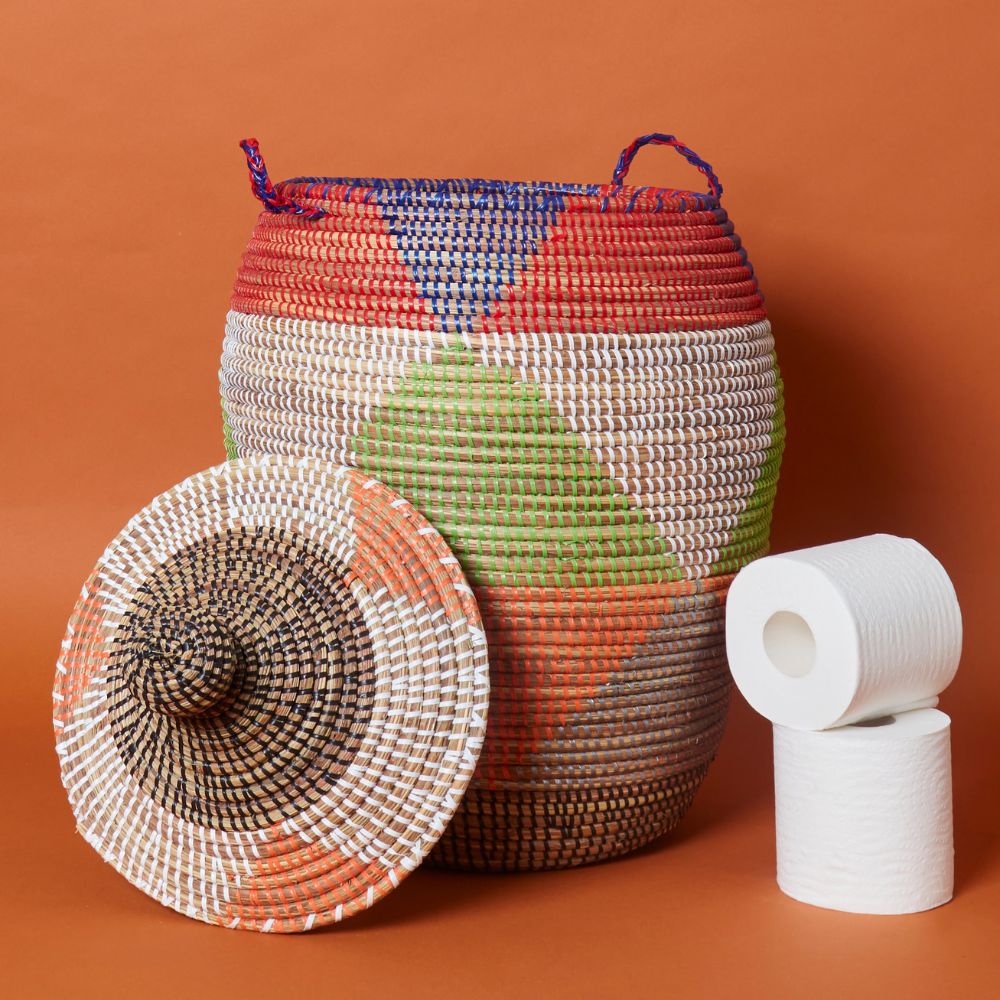 Decorative Wicker Basket with Lid & Handles, Clothes Hamper, Nursery Basket, Toy Storage, African Woven, Hood Lid, Colorful Triangles, Small Size