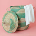 Decorative Wicker Basket with Lid & Handles, Laundry Hamper, Blanket Storage, Toy Bin, African Woven, Hood Lid, Turquoise White, Medium Size