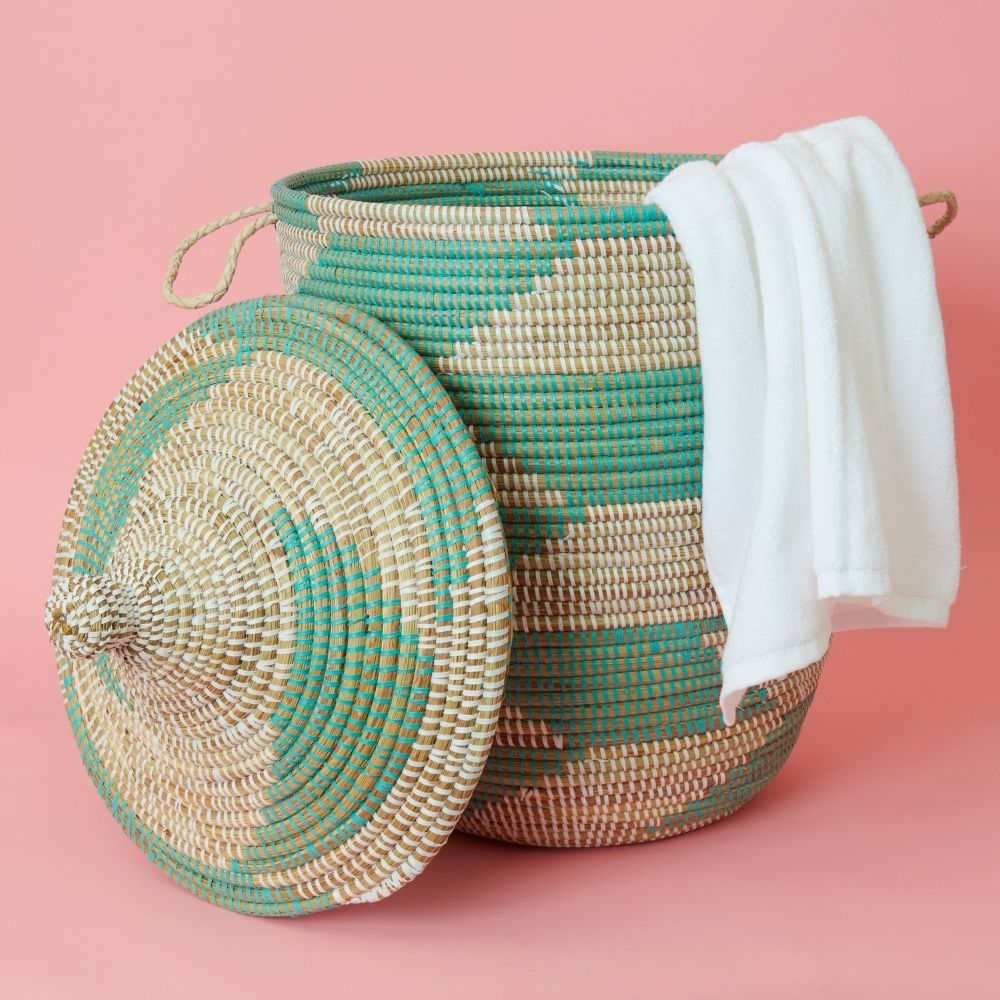 Decorative Wicker Basket with Lid & Handles, Laundry Hamper, Blanket Storage, Toy Bin, African Woven, Hood Lid, Turquoise White, Medium Size