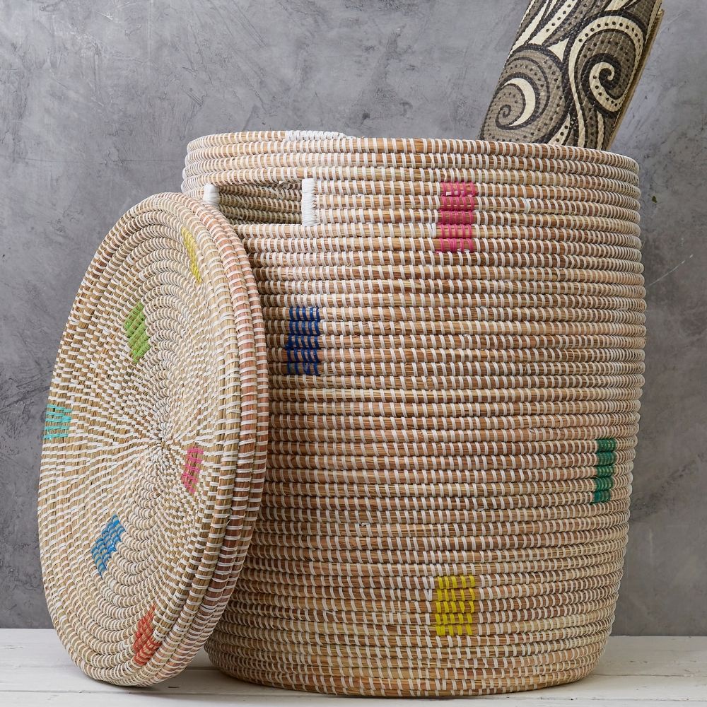 Decorative Wicker Basket with Lid & Handles, Laundry Hamper, Blanket Storage, Toy Bin, African Woven, Flat Lid, White Colorful, Small Size