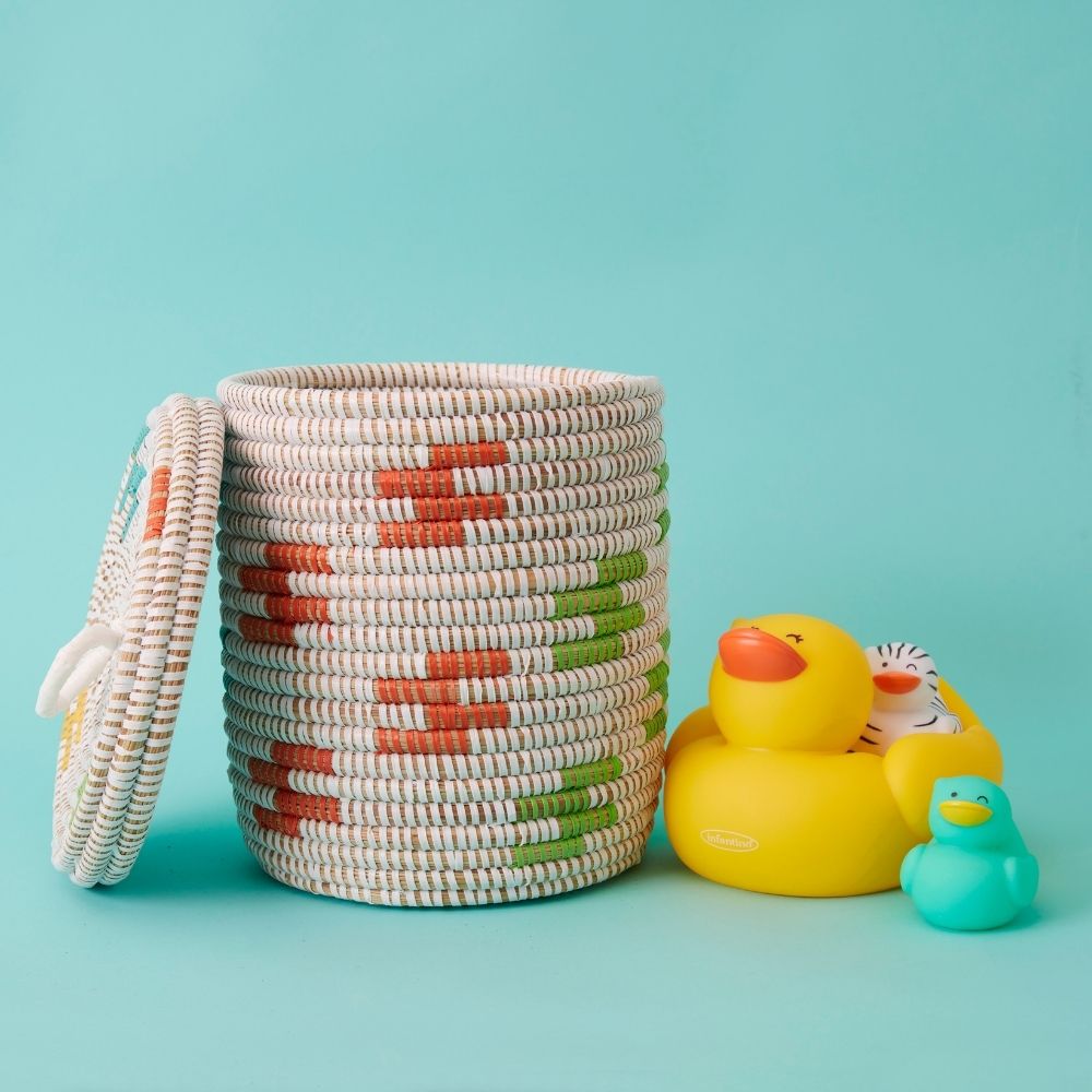 Decorative Wicker Storage for Living Room, Mini Shelf Baskets, African Woven, Flat Lid, White Colorful