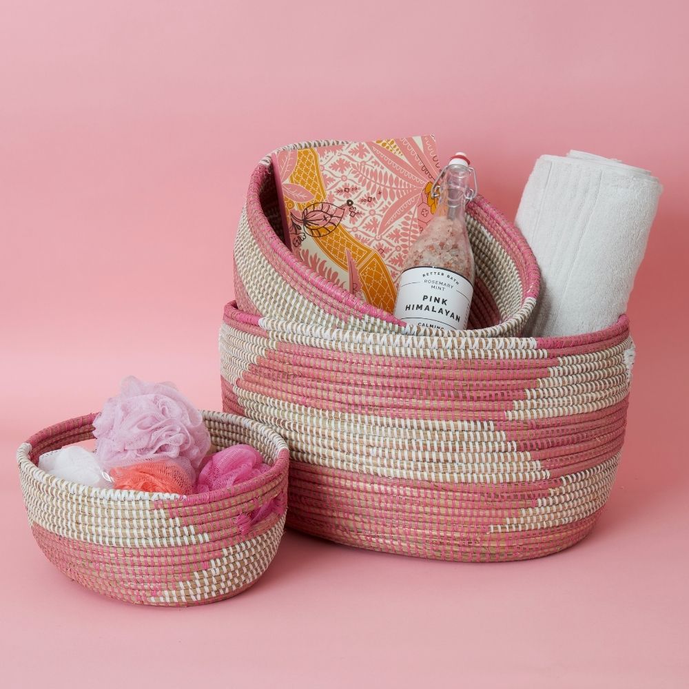 Decorative Wicker Bin, Shelf Basket, Throw Basket, Toy Storage, African Woven, Pink, Set of 3