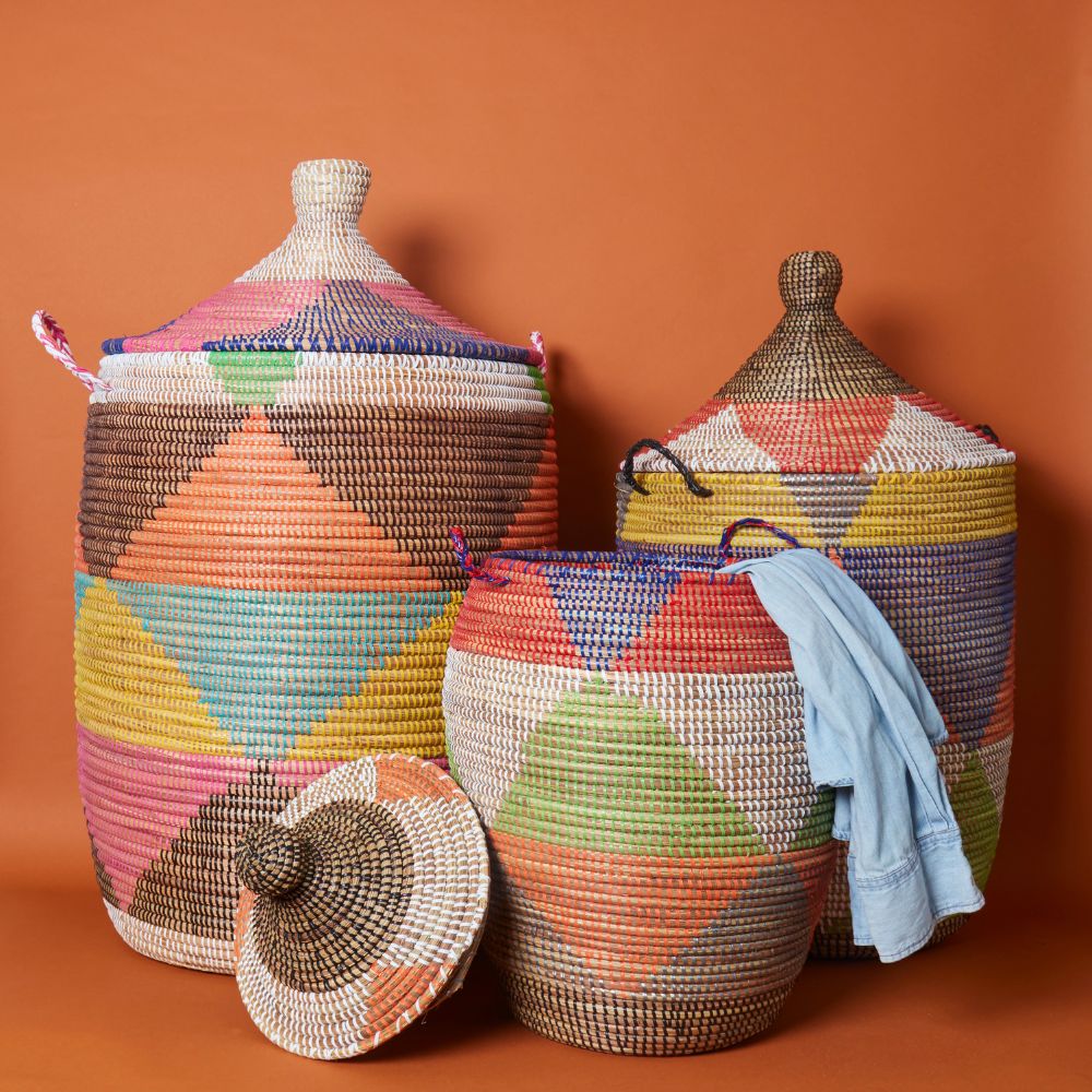Decorative Wicker Baskets with Lid & Handles, Laundry Hamper, Blanket Storage, Toy Bin, African Woven, Hood Lid, Colorful Triangles, Set of 3