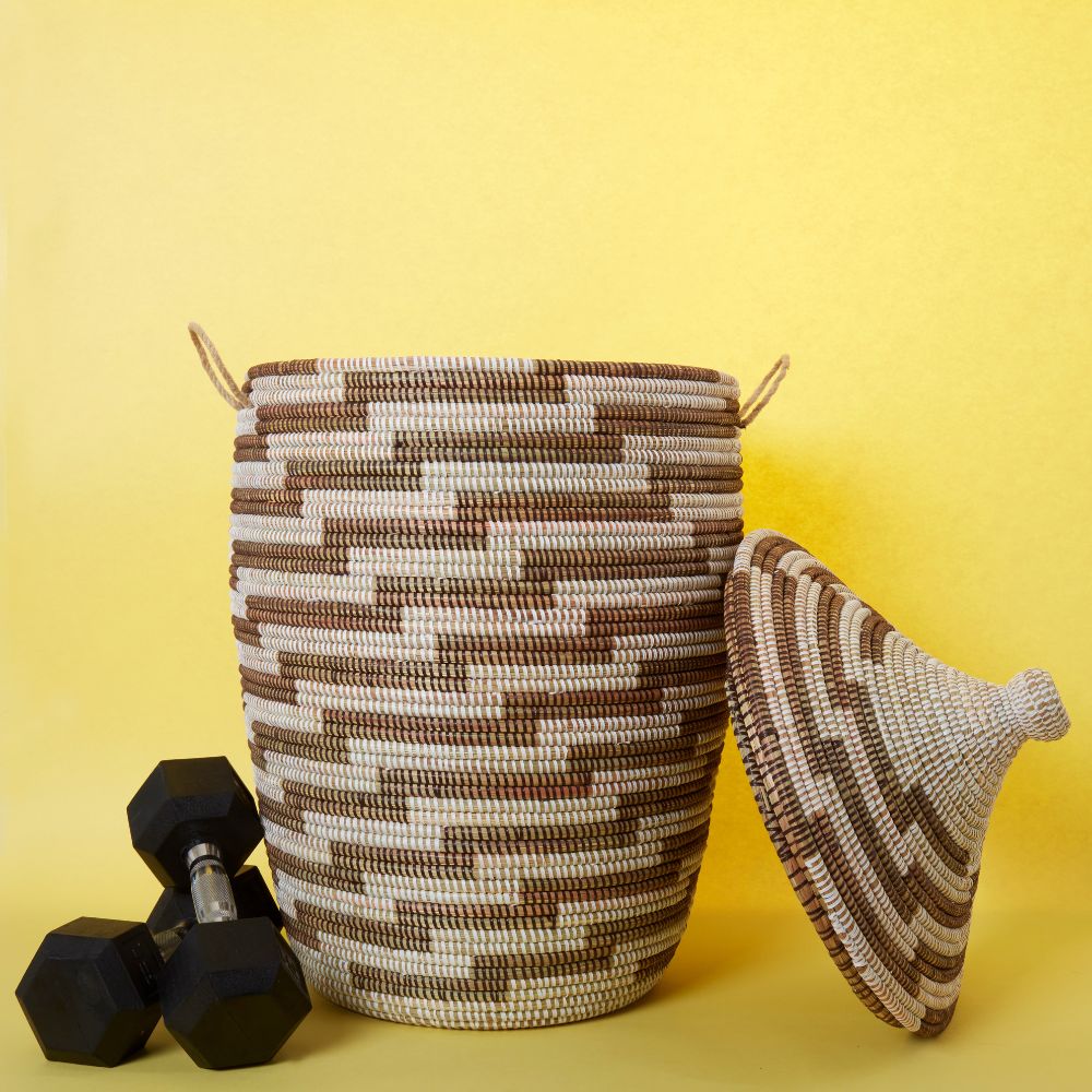 Decorative Wicker Basket with Lid & Handles, Laundry Hamper, Blanket Storage, Toy Bin, African Woven, Hood Lid, White Brown, Large Size