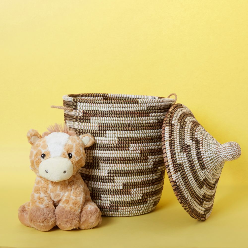 Decorative Wicker Basket with Lid & Handles, Clothes Hamper, Nursery Basket, Toy Storage, African Woven, Hood Lid, White Brown, Small Size