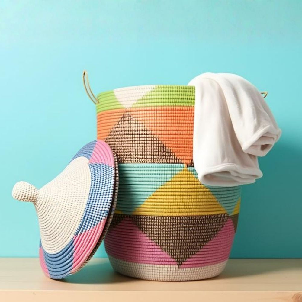 Colorful Triangles Extra Large Wicker Basket Hooded Lid
